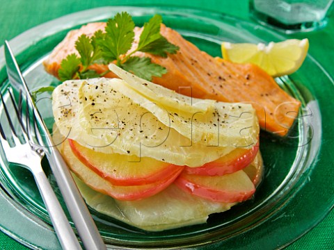 Poached salmon with celeriac and apple bake