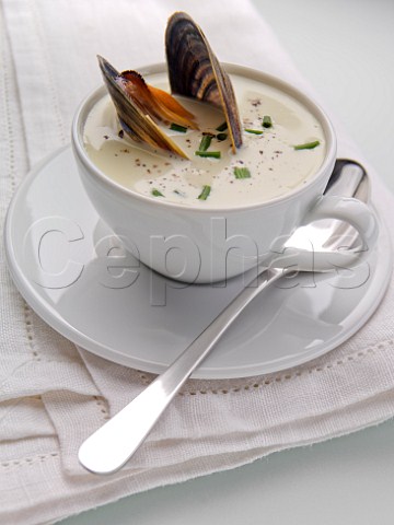 Cup of smoked mussel soup
