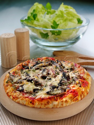 Mushroom pizza with green side salad