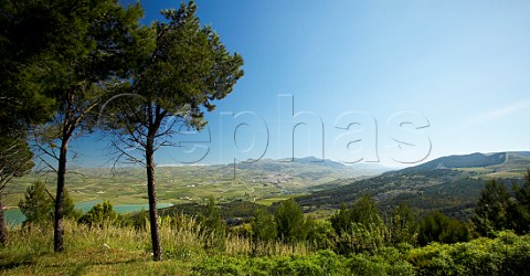 View from Maroccoli area to the town of Sambuca di Sicilia and the Arancio lake with nearby Planeta winery Agrigento province Sicily Italy