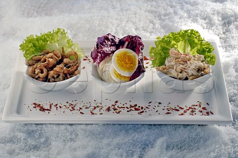Shrimp egg and crab side salads