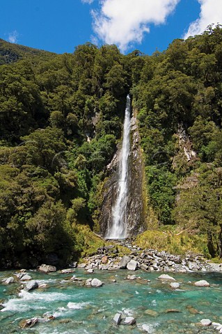 Thunder Creek Falls along the Haast RIver Mount Aspiring National Park South Island New Zealand
