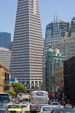 Busy street leading to the TransAmerica Building San Francisco California USA