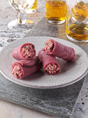 Venison wrap canaps with scotch whisky in the background