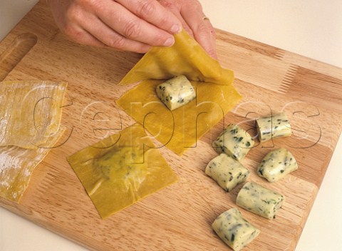Step by step 3 of 5 making coriander and cheese ravioli