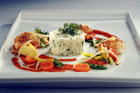 Sweet and sour prawns with vegetables and rice