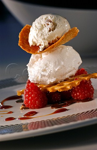 Walnut icecream vanilla icecream and soft fruit dessert