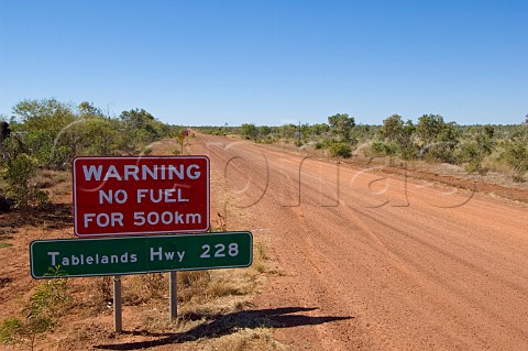 No fuel for 500km sign at western end of Barkley Stock Route Northern Territory Australia