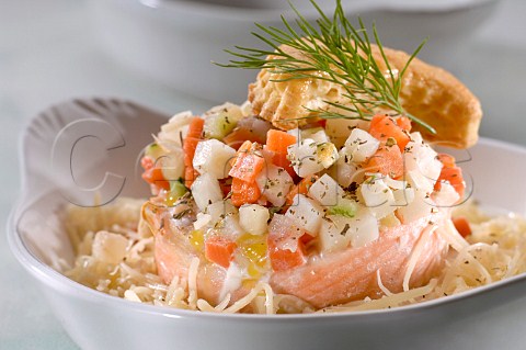 Poached salmon with diced vegetables