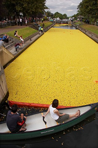 The start line for 165000 plastic ducks in Molesey lock on the River Thames during the Great British Duck Race 2007 which set a new Guinness World Record Near Hampton Court Surrey England