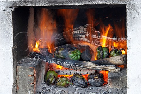 Chargrilled green peppers cooking on barbecue Portugal