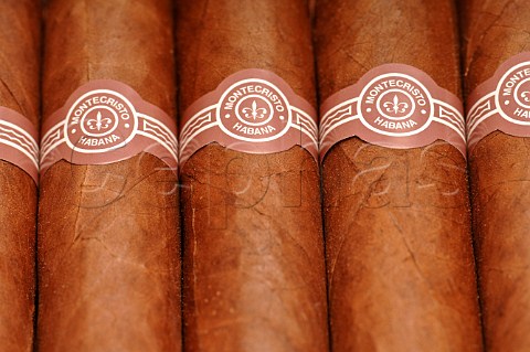 Closeup of bands on a box of Montecristo Edmundo cigars Havana Cuba
