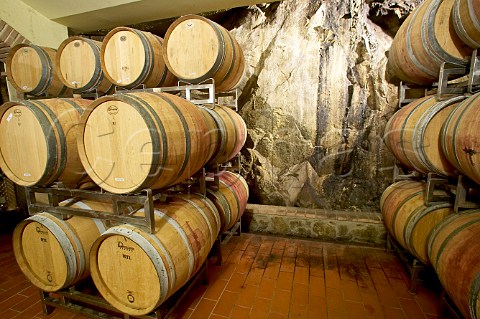 Barrels against the natural stone wall in Capannelle Winery barrel cellar Gaiole in Chianti Tuscany Italy Chianti Classico
