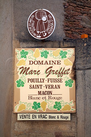Signs on wall of Domaine Marc Greffet Vigneron Rcoltant in village of SolutrPouilly SaneetLoire France PouillyFuiss  StVran