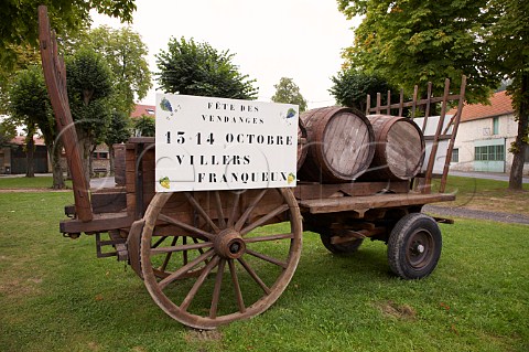 Old cart advertising the Fte des Vendanges grape harvest festival in the village of VillersFranqueux to the northwest of Reims and one of the most northerly villages of Champagne Marne France Champagne