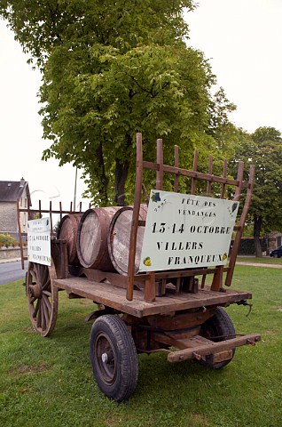 Old cart advertising the Fte des Vendanges grape harvest festival in the village of VillersFranqueux to the northwest of Reims and one of the most northerly villages of Champagne Marne France Champagne