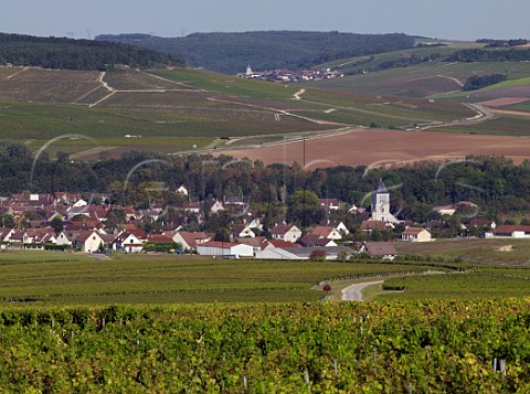 View from Vaillons vineyard to StPierre church and the outskirts of Chablis with Monte de Tonnerre and Mont de Milieu vineyards beyond and village of Fleys in the distance Yonne France