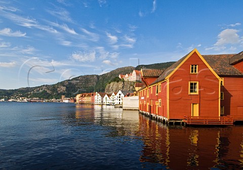 Old warehouses on Skuteviken Bergen waterfront Norway
