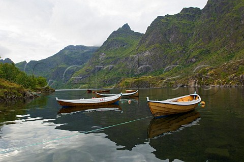 Rowing boats on lake at  Lofoten Islands Norway
