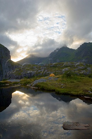 Tent and pond  Lofoten Islands Norway