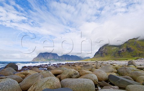 Boulder beach at Utakleiv Vestvgya Lofoten Islands Norway