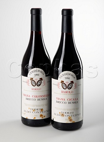 Bottles of 1990 Vigna Colonnello and Vigna Cicala of Aldo Conterno Monforte dAlba Piemonte Italy Barolo