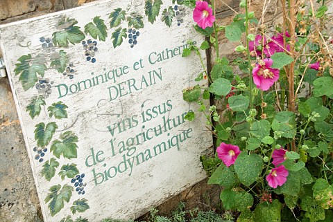 Sign outside the winery of Dominique et Catherine Derain a biodynamic producer in StAubin Cte dOr France