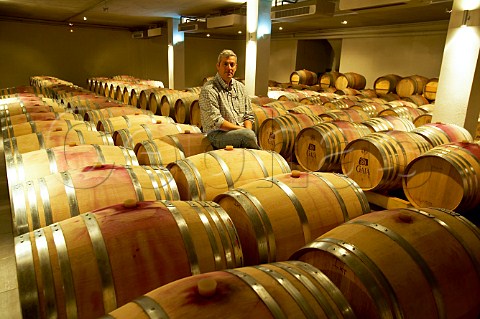 Yiannis Paraskevopoulus in barrel cellar of Gaia Wines Koutsi Greece Nemea