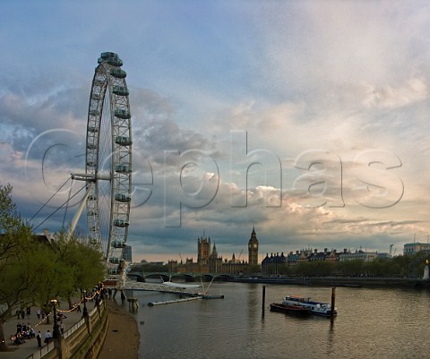London Eye observation wheel overlooking the  Parliament buildings and River Thames  London