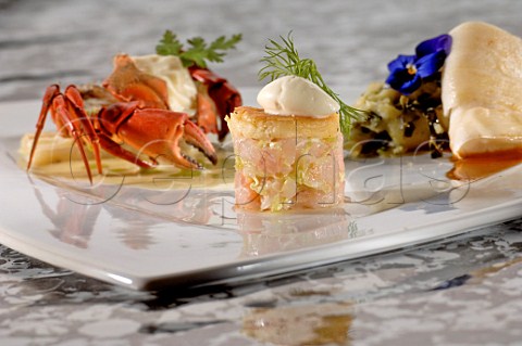 Prawn stack fish stuffed canneloni and crab mousse
