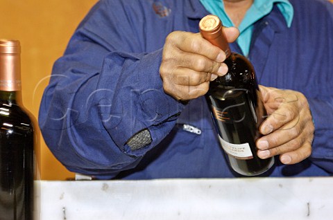 Inspecting bottle on bottling line at Luis Felipe Edwards winery Colchagua Valley Chile Rapel
