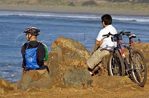 Cyclists watching the sea at Pichilemu near the surfing beach of Punto de Lobos Cardenal Caro Chile