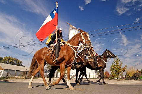 Chilean flag being carried on horseback during the Quasimodo Festival Peralillo Colchagua Valley Chile
