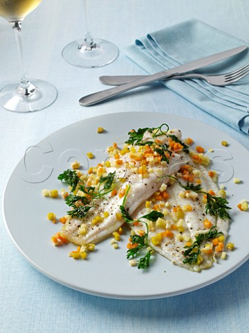 Two lemon sole fillets with diced vegetables