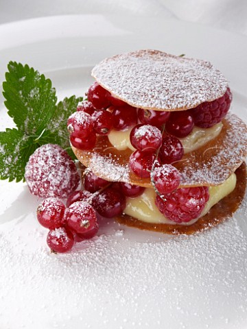 Craqueline stack filled with soft fruit and lemon sauce