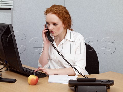 Young woman at her office desk looking at computer whilst on telephone