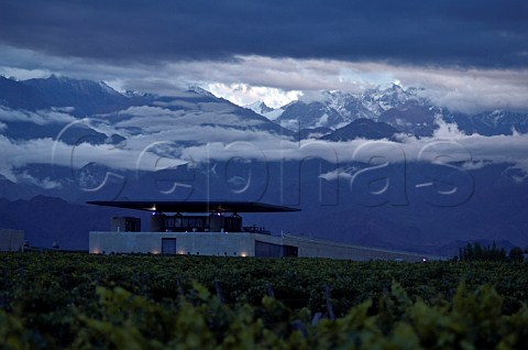 OFournier winery and vineyard in early morning light with the Andes in distance Mendoza Argentina