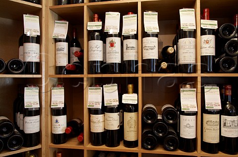 Display of Bordeaux bottles on sale in Noble Green Wines Hampton Hill Middlesex England
