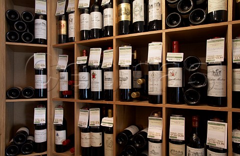 Display of Bordeaux bottles on sale in Noble Green Wines  Hampton Hill Middlesex England