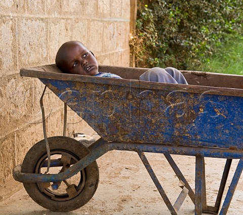 Young boy in wheelbarrow at the Watu Wa Maana Childrens Home Ruiru Nairobi Kenya