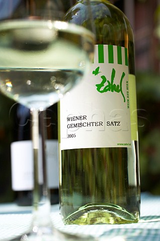 Glass and bottle of Zahel Wiener Gemischter Satz wine Mauer Vienna Austria Vienna