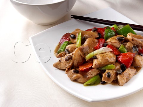Halal chicken and peppers black bean stir fry