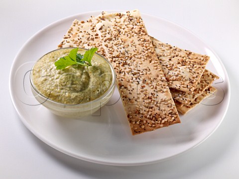 Humous with sesame seed crackers