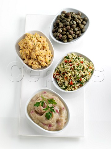Meze Capers houmous baba ganoush and tabouleh