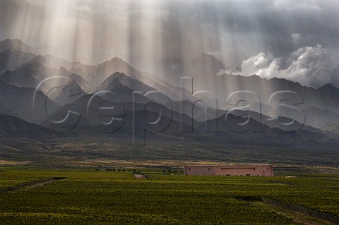 Flechas de Los Andes winery and vineyards part of the Clos de Los Siete group with hailstorm over the Andes mountains   Mendoza province Argentina Uco Valley