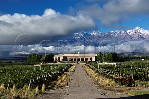 Salentein winery with snowcapped Andes mountains behind Tunuyan Mendoza Argentina Uco Valley