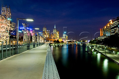 City skyline and Yarra River at night from Sandridge Bridge Melbourne Victoria Australia