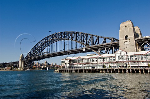 Sebel Pier One and Sydney Harbour Bridge seen from Walsh Bay Sydney New South Wales Australia