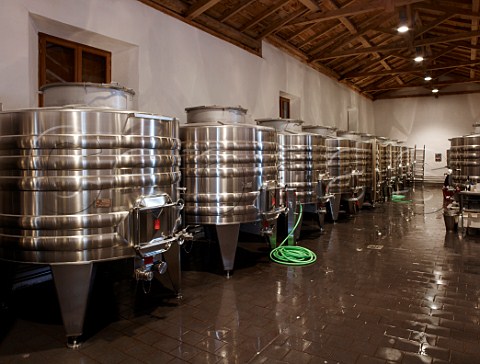 Refrigerated stainless steel tanks in the cuverie of Dominio de Pingus Quintanilla de Onsimo Castilla y Len Spain Ribera del Duero