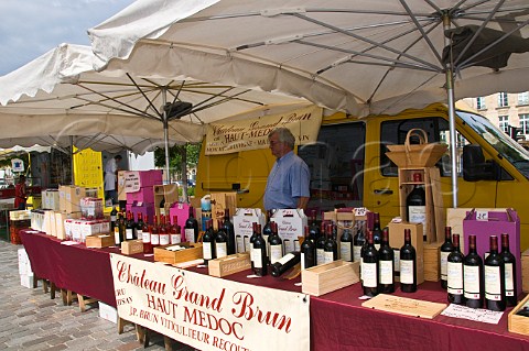 Market stall on Quai des Chartrons selling Chteau Grand Brun wine Bordeaux Gironde France